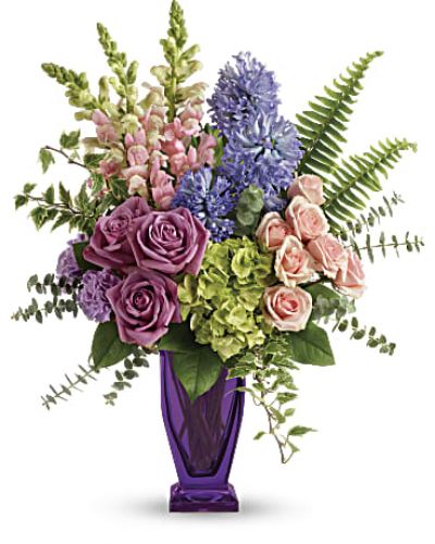 <div id="mark-3" class="m-pdp-tabs-marketing-description">Impressionist inspired, this painterly bouquet of green hydrangea, pink roses and lavender hyacinth is an elegant spring surprise. Your lucky someone will adore the keepsake couture vase!</div>
<p> </p>
<div id="desc-3">
<ul>
<li>Green hydrangea, lavender roses, pink spray roses, lavender carnations, pink snapdragons and lavender hyacinth are arranged with sword fern, variegated ivy, spiral eucalyptus, and lemon leaf.</li>
</ul>
</div>