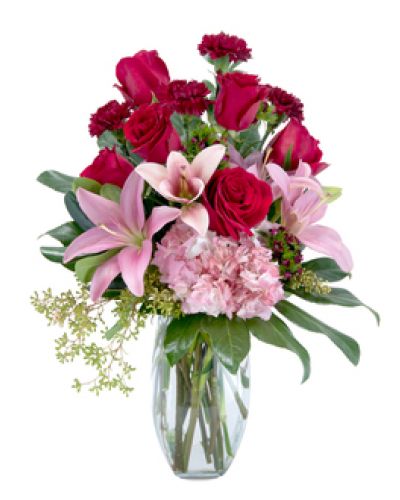 When only the best will do, send this regal display of rich red roses, blush pink Asiatic lilies and hydrangea, deep burgundy carnations and sweet William. The bouquet is designed in a clear glass vase and beautifully collared with rich green foliage.