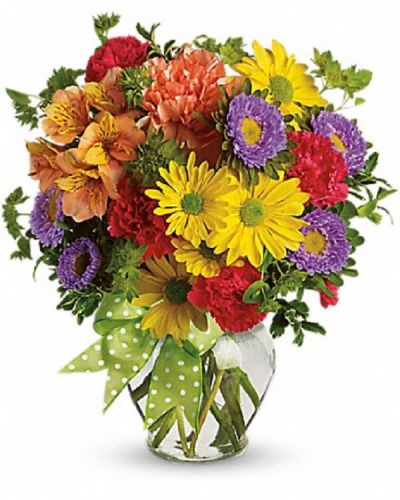 <p>A summery mix of yellow daisy chrysanthemums, purple asters and red and orange carnations - arranged in a clear ginger vase and adorned with a cheerful green plaid bow - will make their wishes come true!</p>